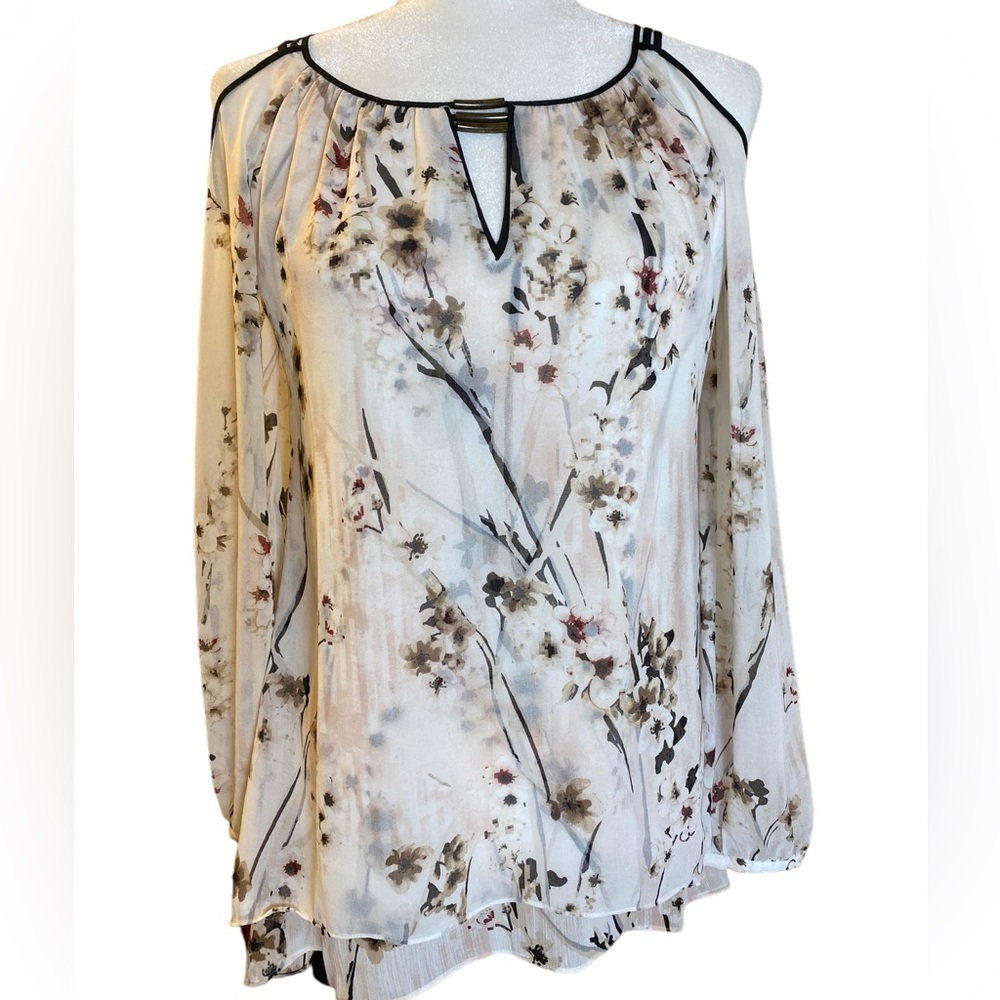 White House Black Market Top XS Floral Semi Sheer  Cold Shoulder Keyhole Top
